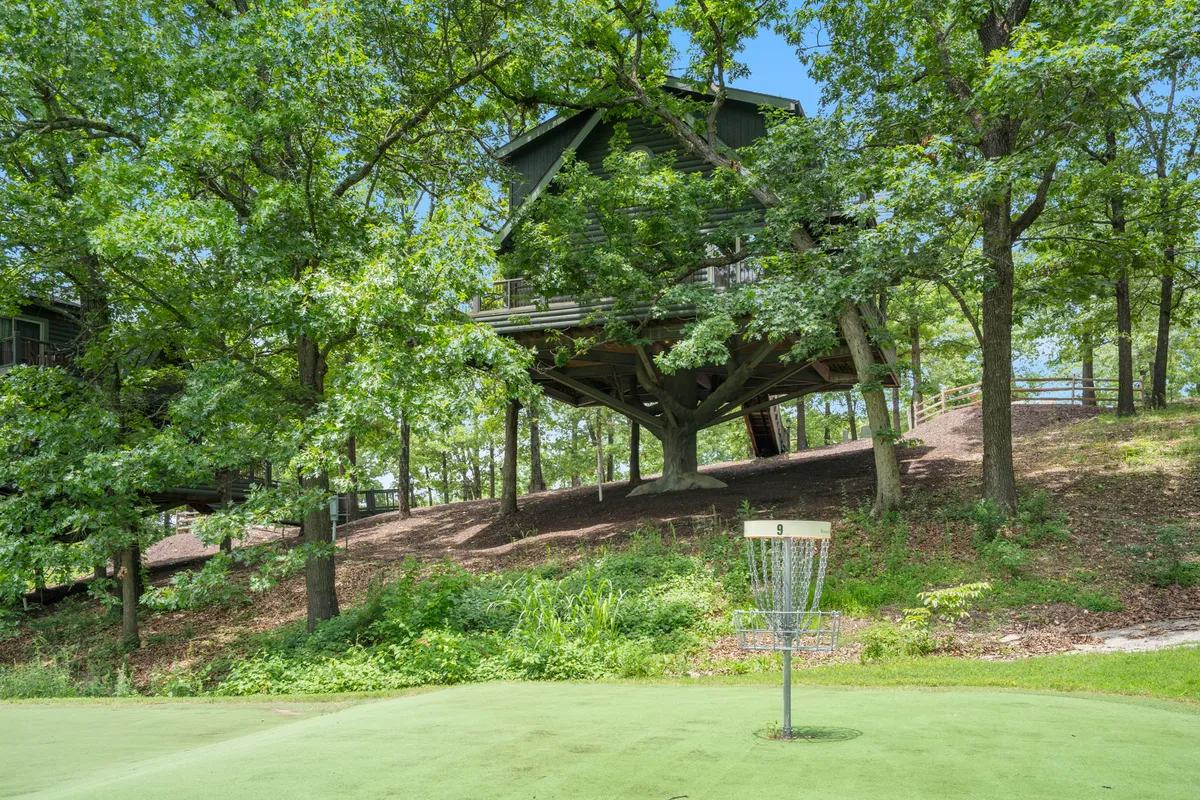 An inviting exterior view of a treehouse alongside a disc golf basket nestled in lush greenery. The playful mood is complemented by the tranquil natural surroundings, suggesting opportunities for disc golf, nature walks, and family picnics.